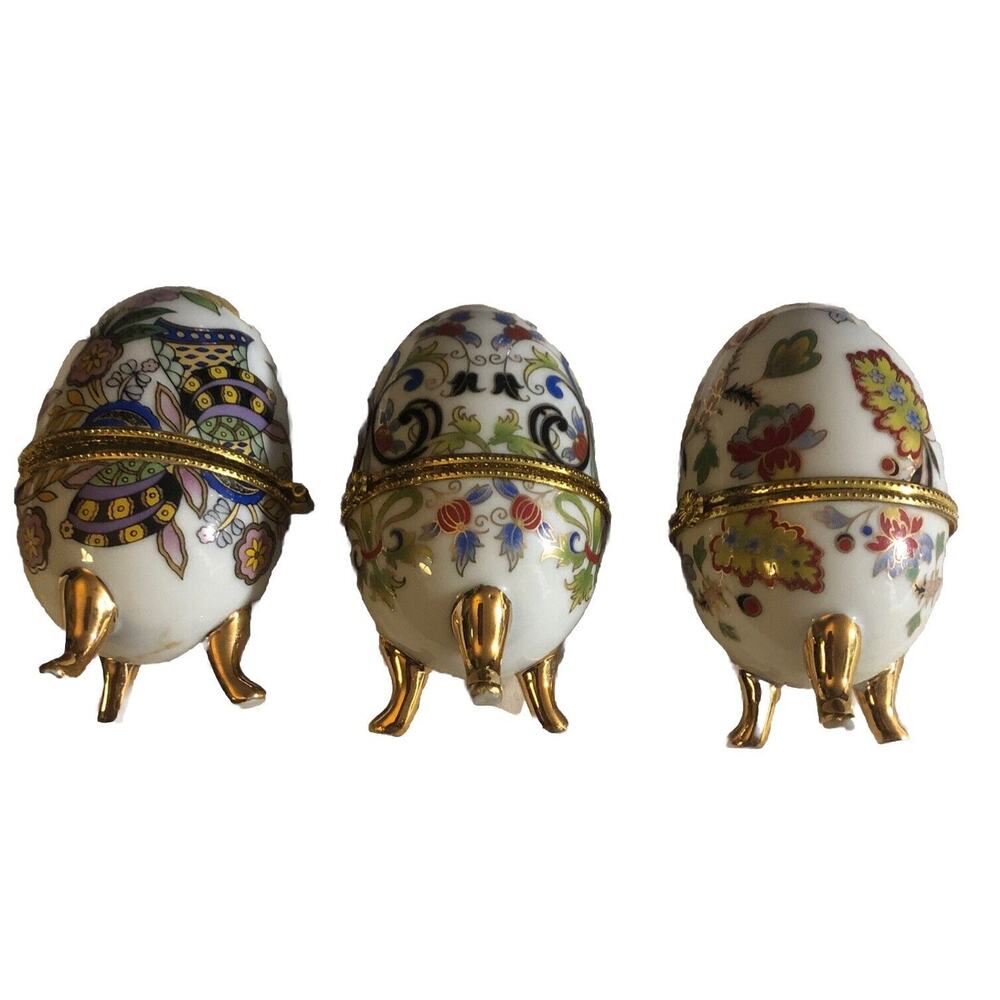 Beautiful 3 Porcelain/Ceramic Egg Shape Trinket Boxes 3.9" tall x 2.2" in Gold
